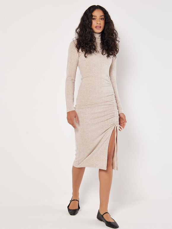 Ruched Knit Midi Dress, Stone, large
