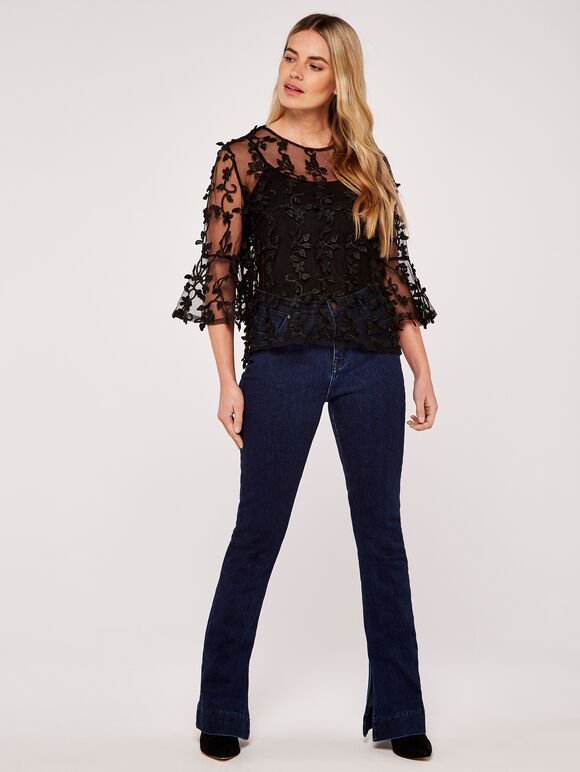 Lace Applique Mesh Top, Black, large