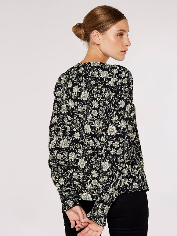 Floral Button Down Top, Black, large