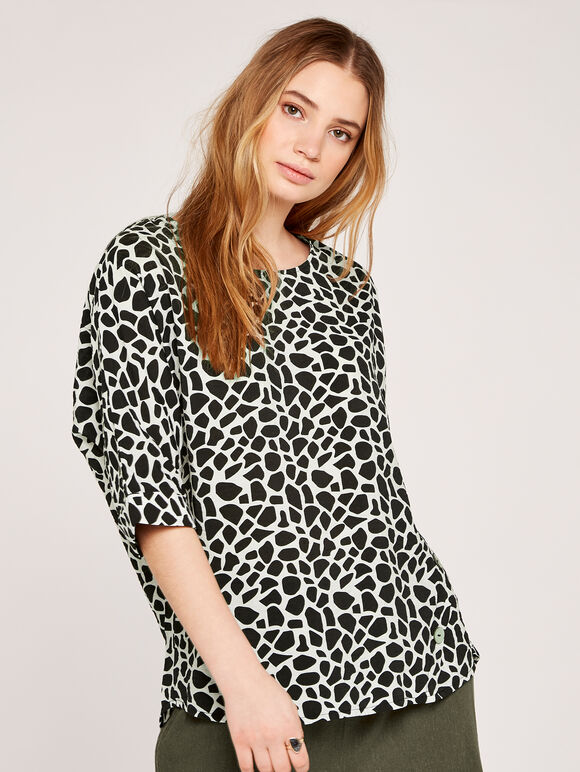 Giraffe Print Button Detail Top, Black, large
