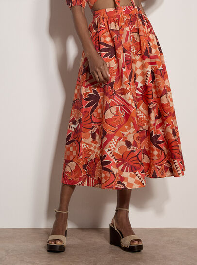 Tropical Leaf Patchwork Midi Skirt
