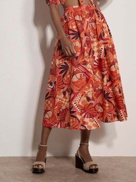 Tropical Leaf Patchwork Midi Skirt