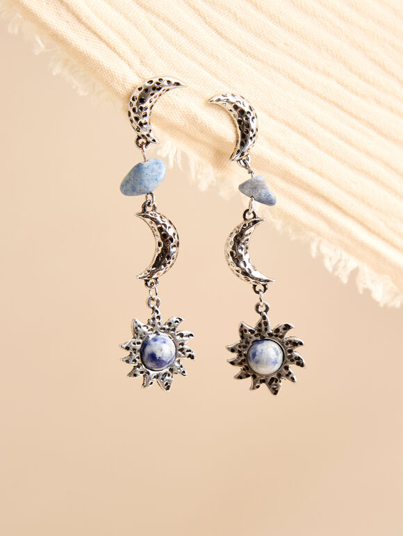 Silver Tone Celestial Stone Drop Earrings, Silver, large