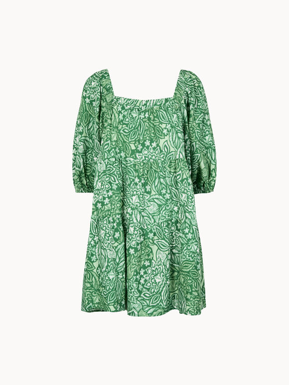 Floral Print Tiered Mini Dress, Green, large
