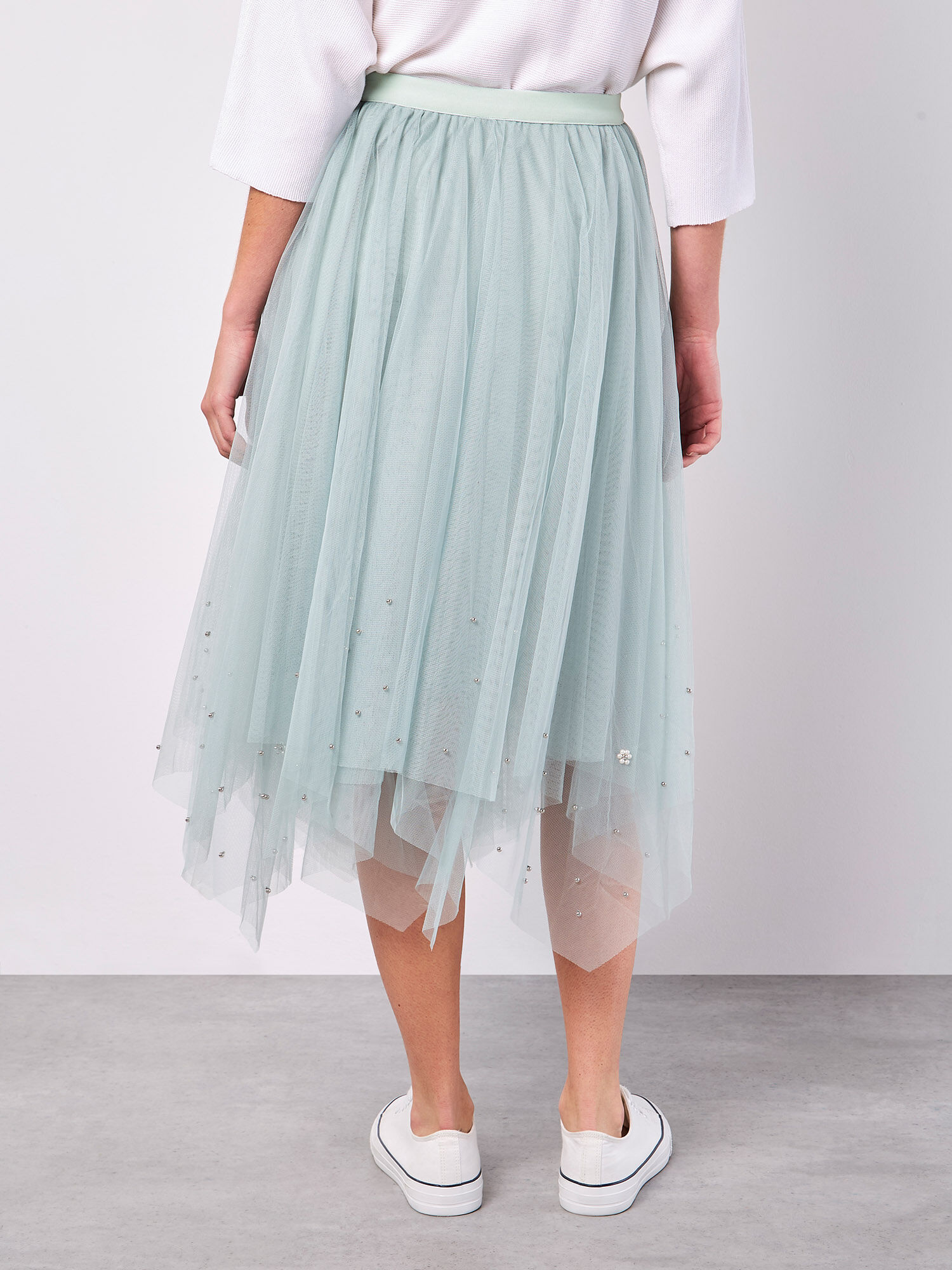 Pearl Embellished Tulle Midi Skirt | Apricot Clothing