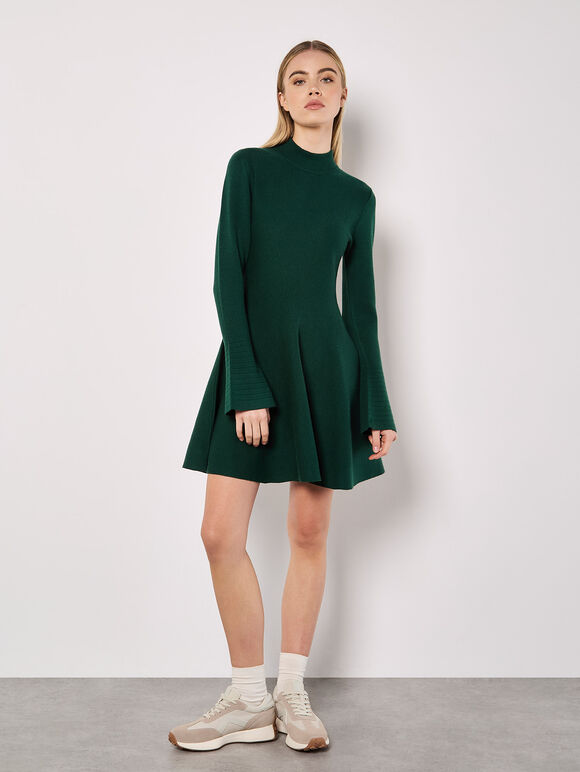 Bell Sleeve Knitted Skater Mini Dress, Green, large