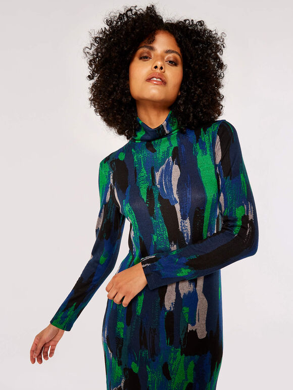 Paint Splash Knitted Midi Dress, Blue, large
