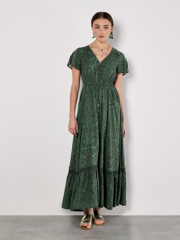 Paisley Print Maxi Dress, Green, large