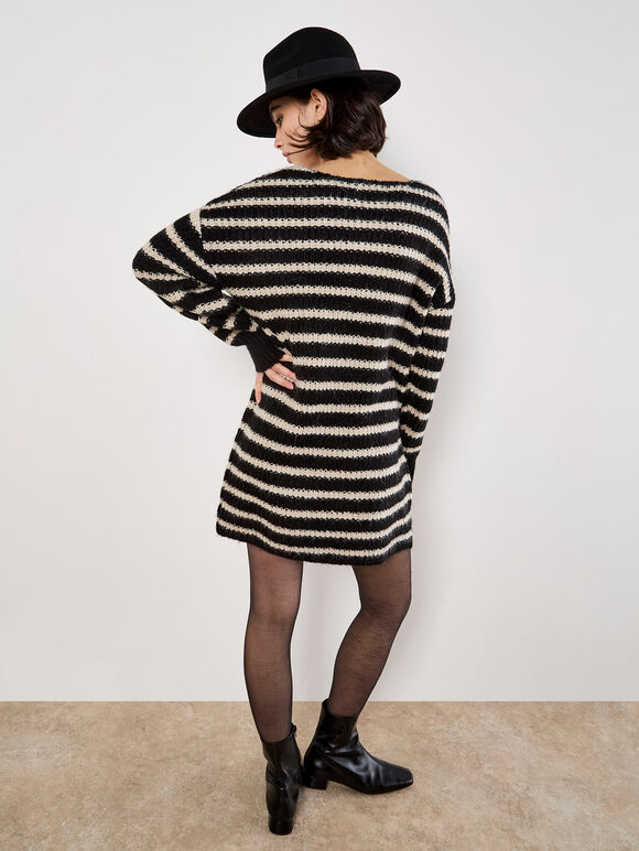 Oversized Stripe Jumper Mini Dress, Black, large