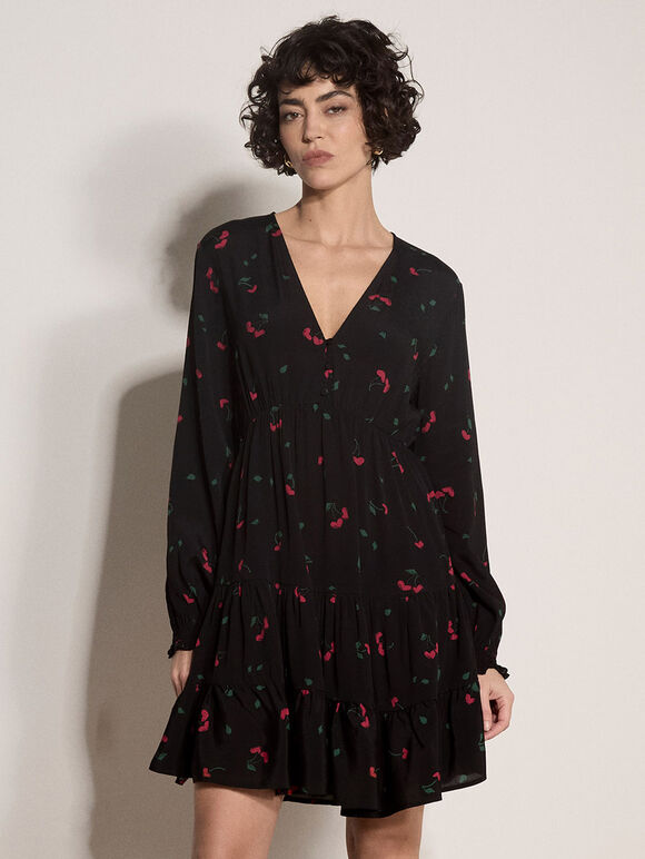 Cherry Print Crepe Mini Dress, Black, large