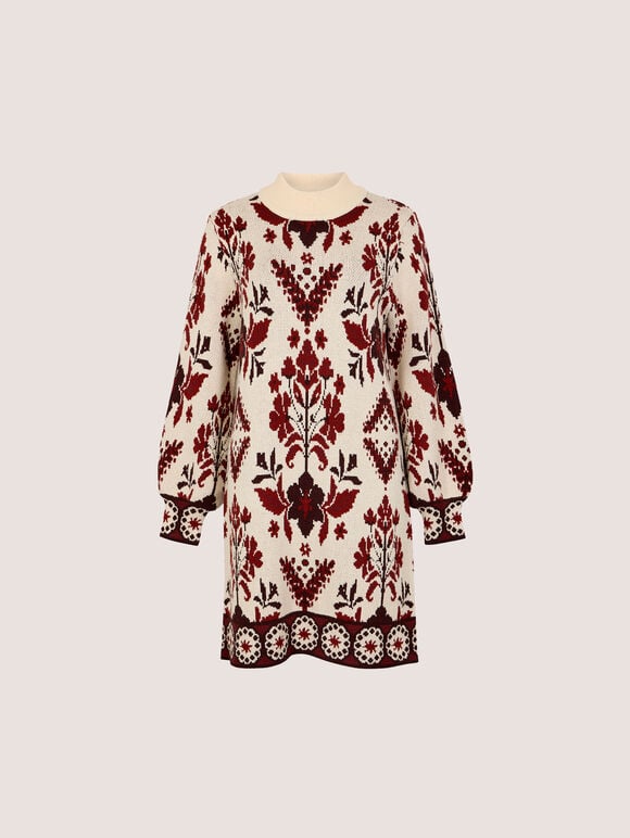 Folk Floral Mini Jumper Dress, Stone, large