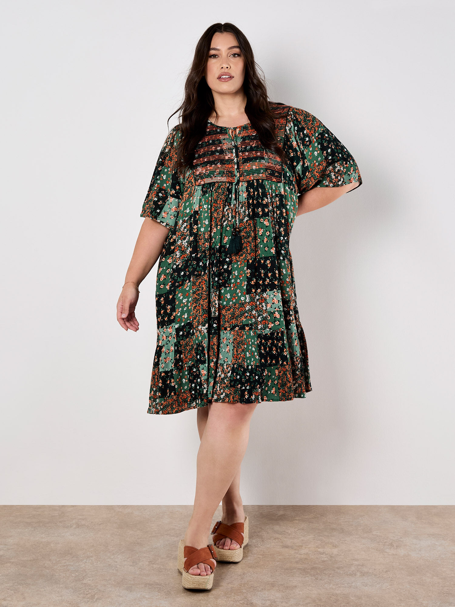 Patchwork Print Crinkle Mini Dress | Apricot Clothing