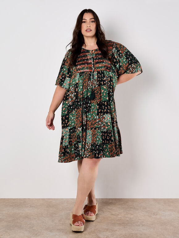 Patchwork Print Crinkle Mini Dress, Green, large