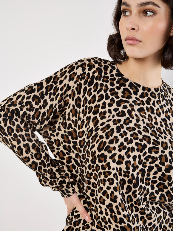 Ribbed Knit Leopard Jumper, Stone, large