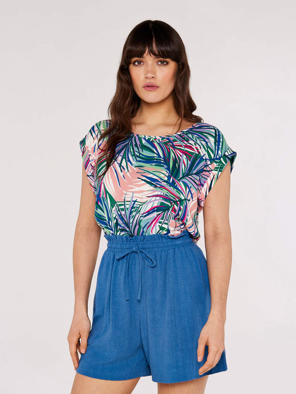 Tropical Palm Print Woven T-Shirt, Pink, large