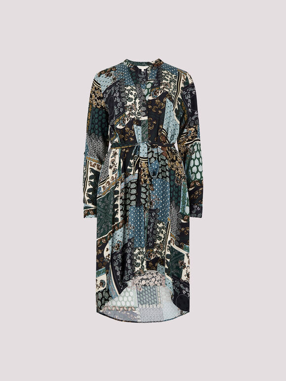 Patchwork Paisley Shirt Mini Dress, Navy, large