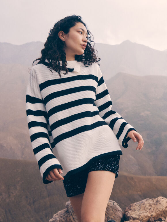 Button Detail Stripe Jumper, Black, large
