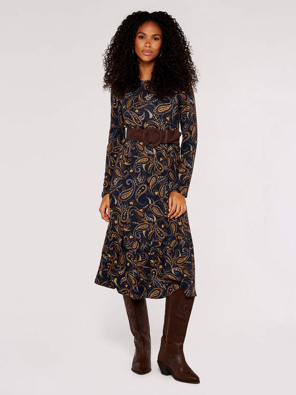 Paisley Tiered  Midi Dress, Navy, large