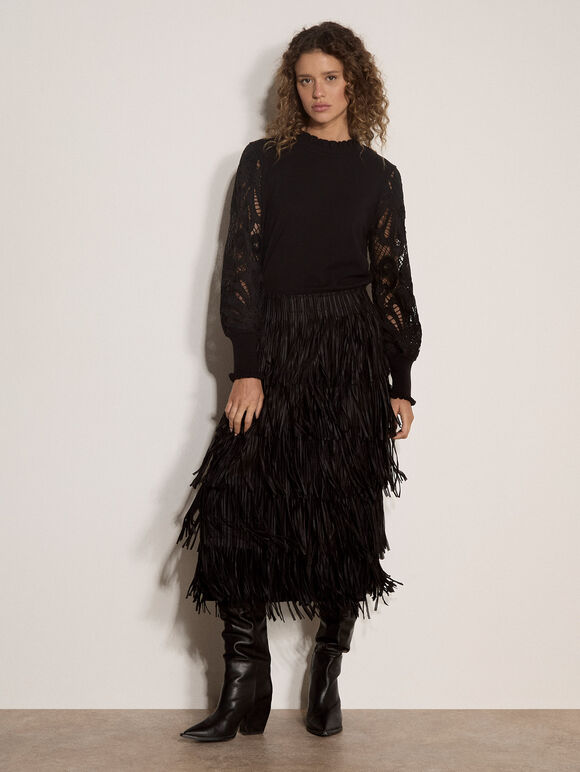 Fringe Trim Tiered Midi Skirt, Black, large