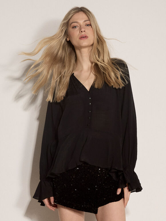 Textured Peplum Hem Blouse, Black, large