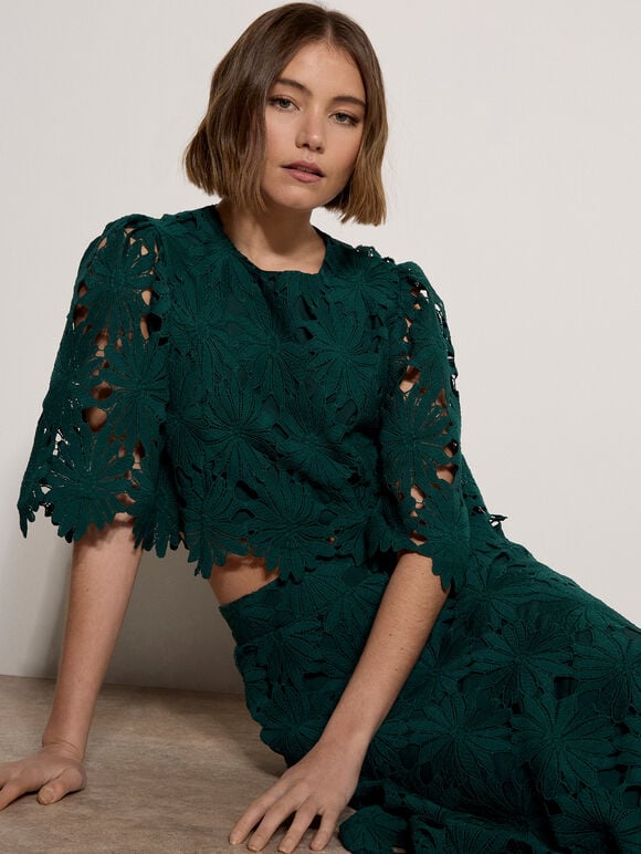 Guipure Lace Daisy Crop Top, Green, large