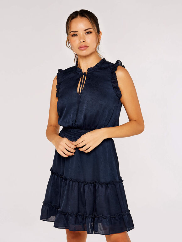 Satin Shimmer Jacquard Dress, Navy, large