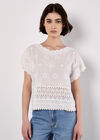 Embroidered Mesh And Lace Cotton Top, White, large