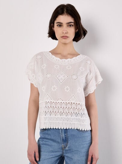 Embroidered Mesh And Lace Cotton Top