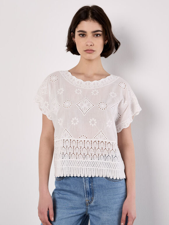 Embroidered Mesh And Lace Cotton Top, White, large