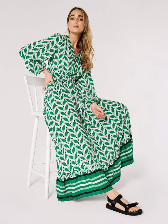 Geo Leaves Drawstring Maxi Dress, Green, large