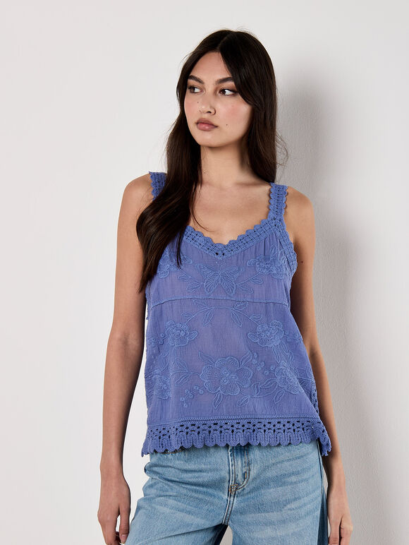 Floral Embroidery Crochet Cotton Top, Purple, large