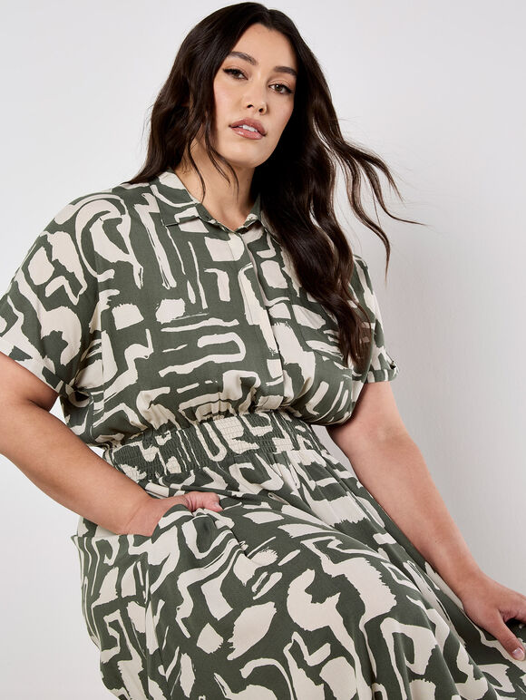 Geo Grecian Shirt Midi Dress, Khaki, large