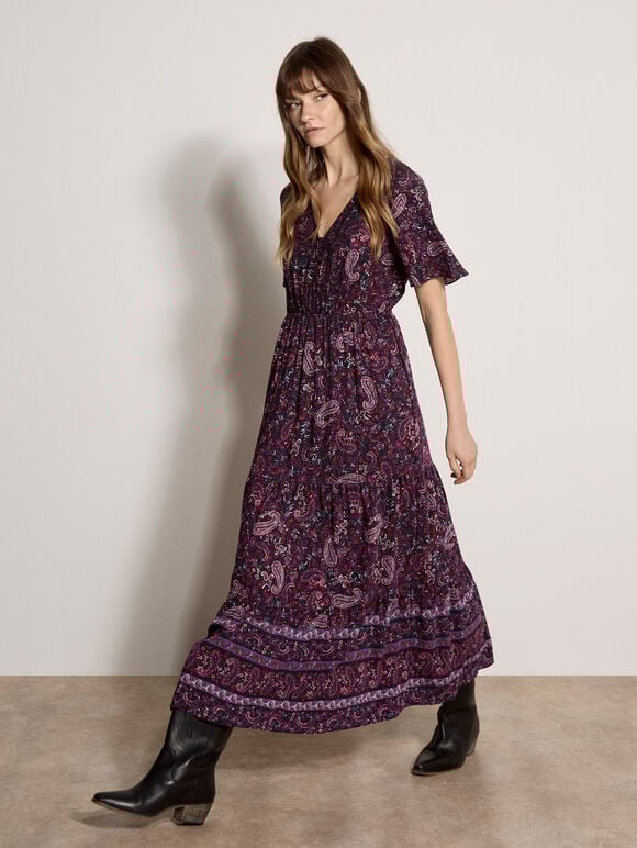 Paisley Print Tiered Maxi Dress, Navy, large