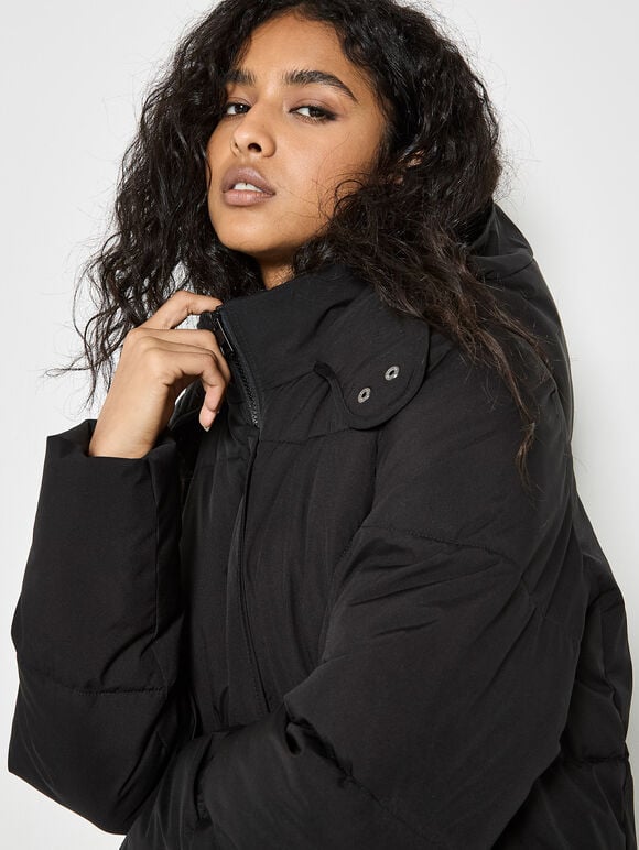 Longline Padded Puffer Coat, Black, large
