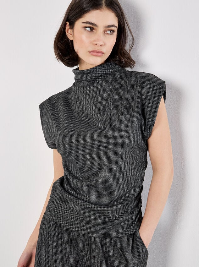 Mini Dogtooth High Neck Ruched Top, Dark Grey - Charcoal, large