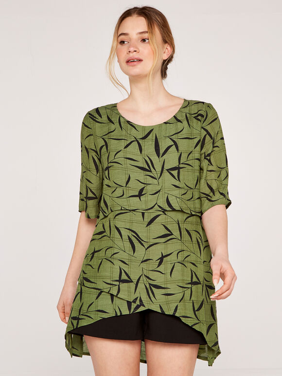 Bamboo Leaf Print Top, Khaki, large