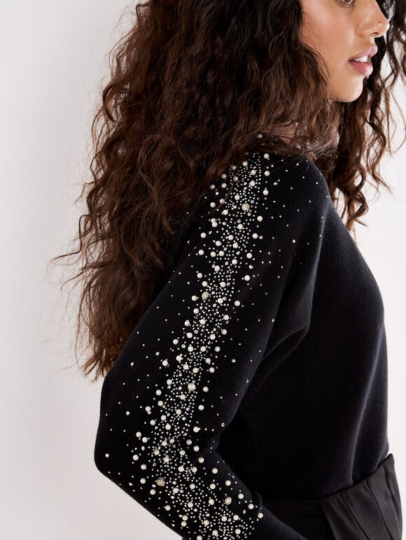 Pearl And Gem Embellished Jumper, Black, large
