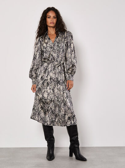 Snakeskin Print Satin Shirt Midi Dress