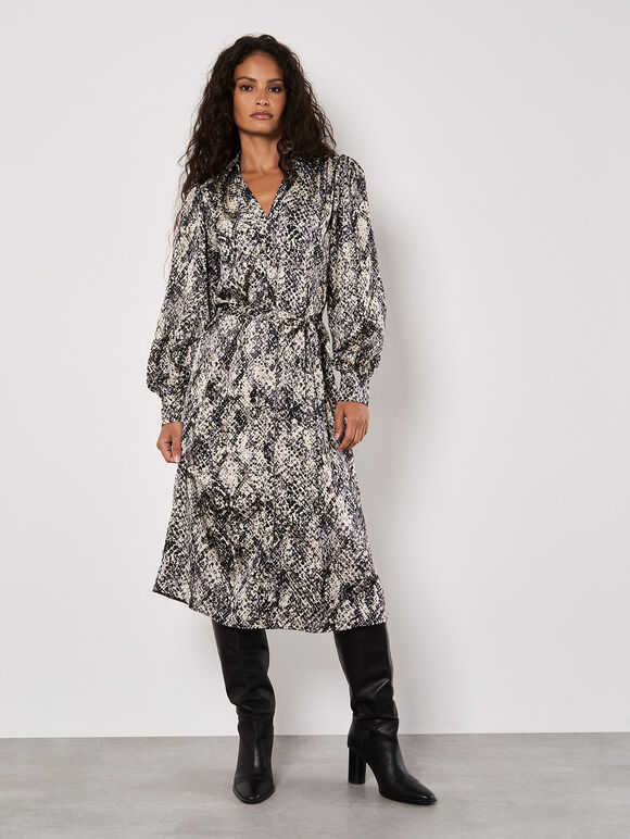 Snakeskin Print Satin Shirt Midi Dress, Grey, large