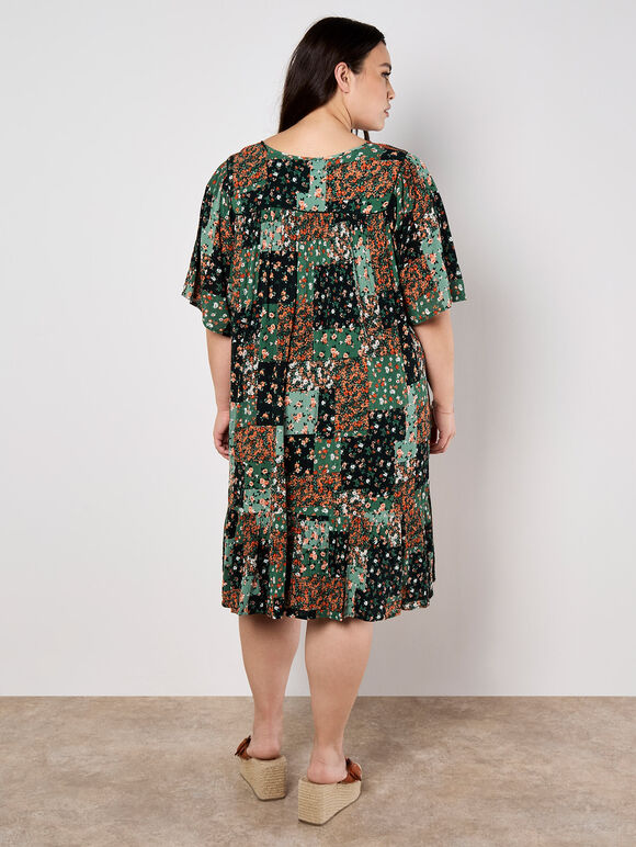 Patchwork Print Crinkle Mini Dress, Green, large