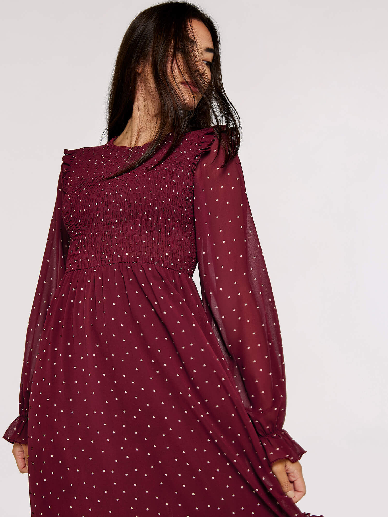 Polka Dot Smocked Midi Dress Apricot Clothing