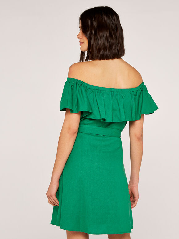 Ruffle Bardot Linen Dress, Green, large