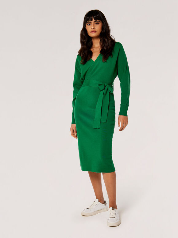 Knitted Wrap Midi Dress, Green, large