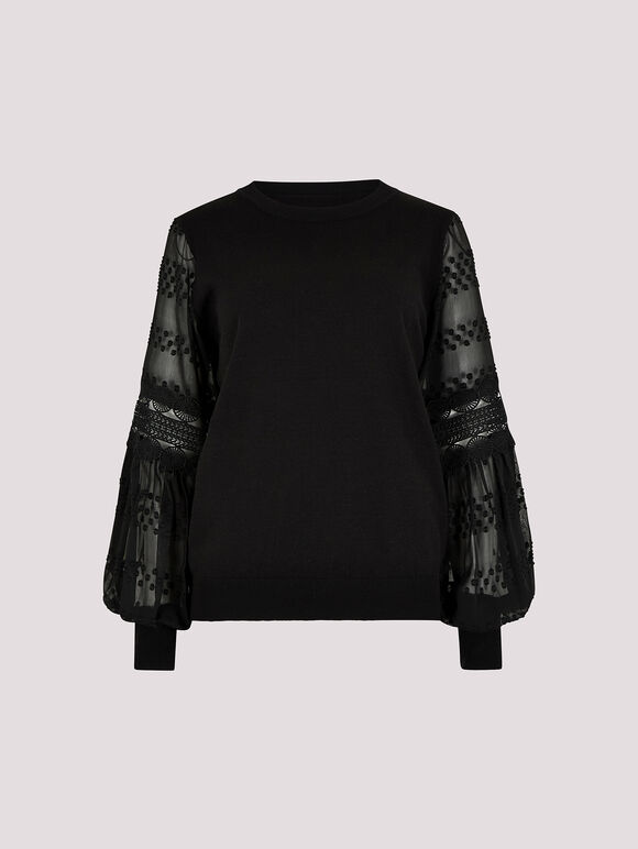 Contrast Chiffon Sleeves Jumper, Black, large