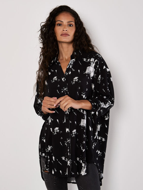 Paint Print Oversized Tunic Top, Black, large