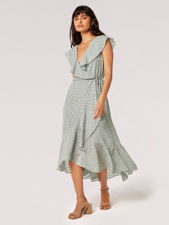 Irregular Spot Embroidered Wrap Midi Dress, Mint, large