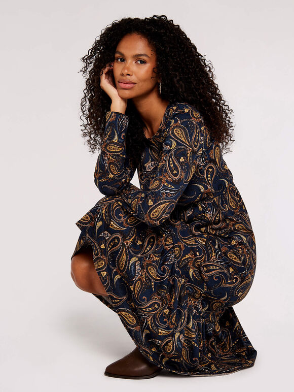 Paisley Tiered  Midi Dress, Navy, large