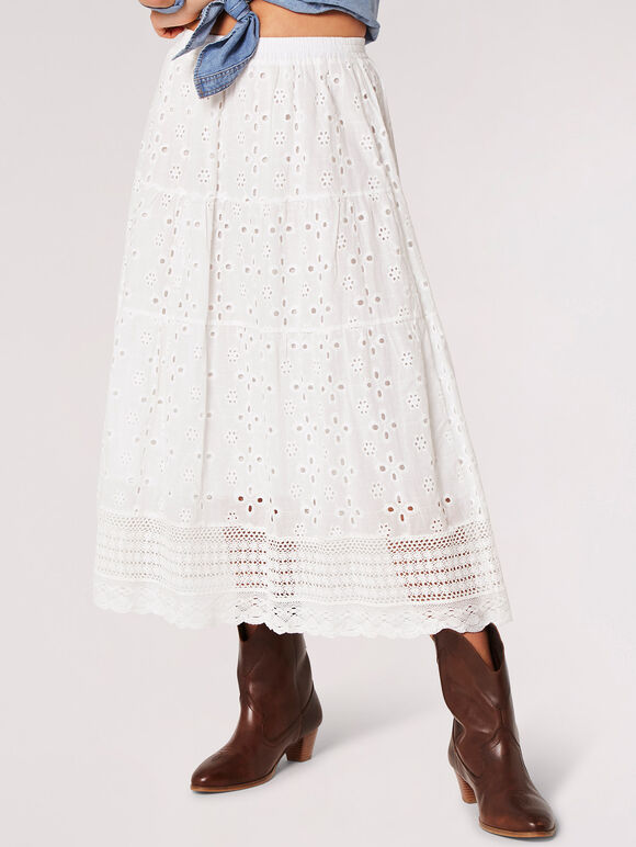 Broderie Cotton Crochet Midi Skirt, White, large