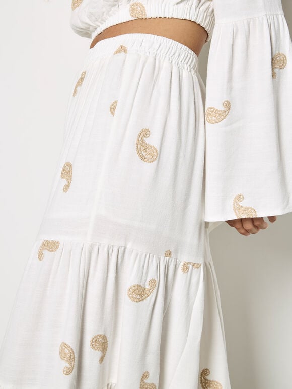 Paisley Embroidered Tiered Maxi Skirt, Cream, large