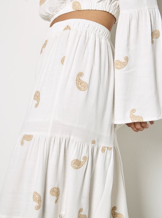 Paisley Embroidered Tiered Maxi Skirt, Cream, large